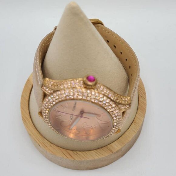 Betsey Johnson Rose Gold Watch with Crystal Bezel Leather Band NWOT!  Works! main image 7